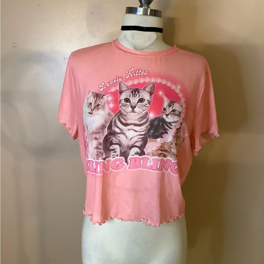 Shein Curve Romwe Pink Sheer Ruffle Edge BabyDoll Crop Kitten Cats Shirt 1X plus